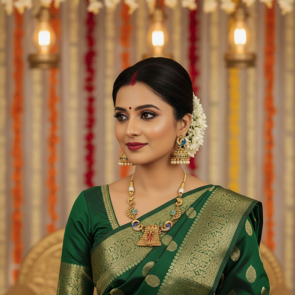 Peacock Gopuram Temple Necklace Set with Pearl Jhumkas