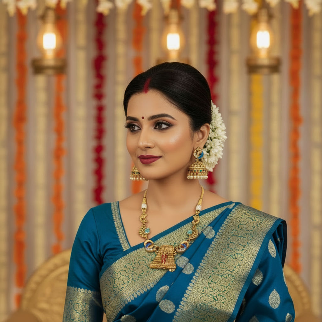 Peacock Gopuram Temple Necklace Set with Pearl Jhumkas