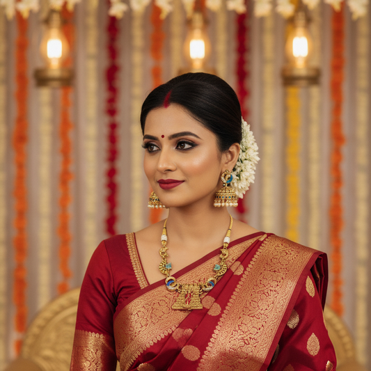 Peacock Gopuram Temple Necklace Set with Pearl Jhumkas
