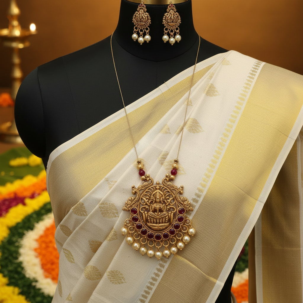 Goddess Lakshmi Invisible Pearl Pendant Set