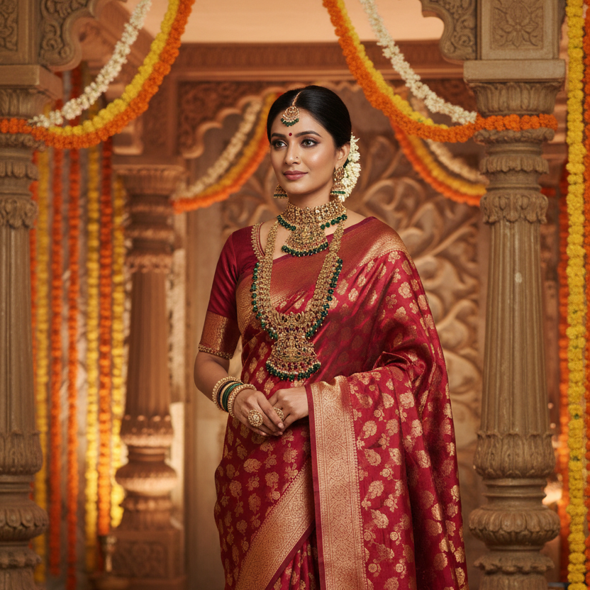 Mahalakshmi Emerald Temple Bridal Necklace Set
