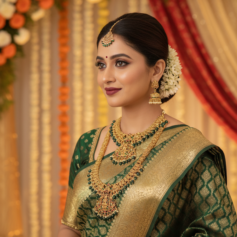 Mahalakshmi Emerald Temple Bridal Necklace Set