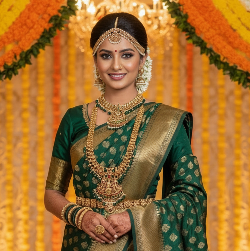 Mahalakshmi Emerald Temple Bridal Necklace Set