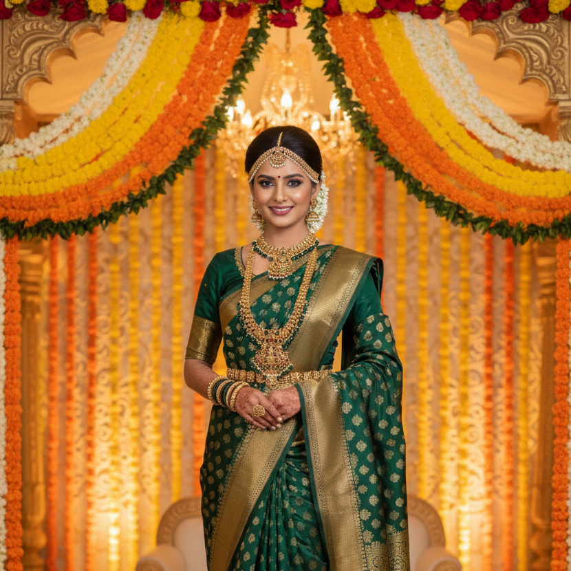 Mahalakshmi Emerald Temple Bridal Necklace Set