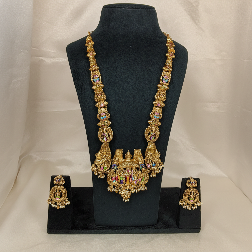 Grand Antique Gold Temple Haram Necklace Set with Lord Balaji Pendant