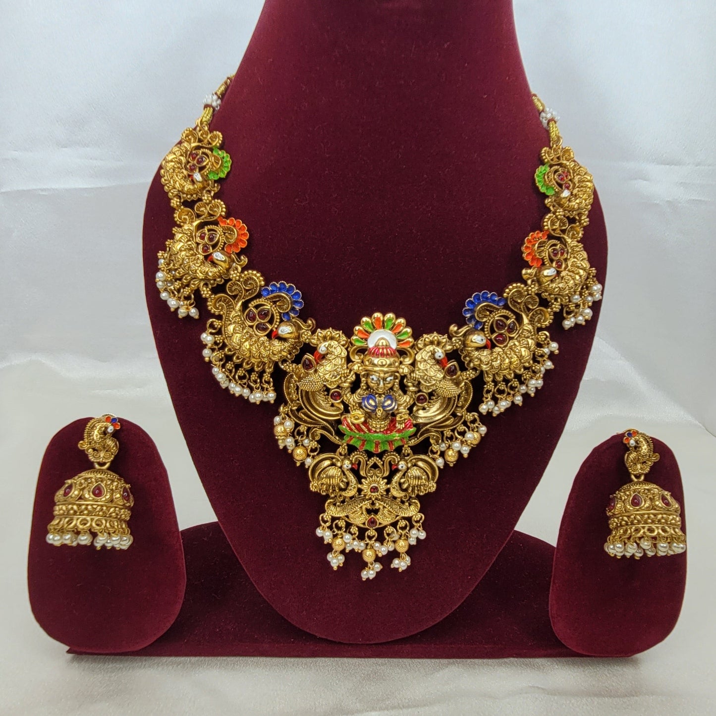 Traditional Temple Peacock Necklace Set with Jhumka Earrings