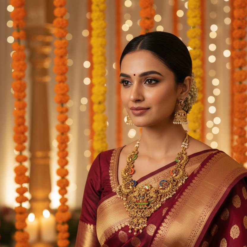 Traditional Temple Peacock Necklace Set with Jhumka Earrings