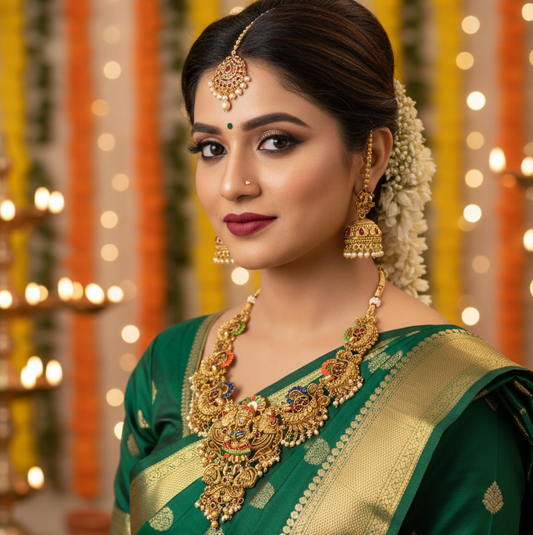 Traditional Temple Peacock Necklace Set with Jhumka Earrings