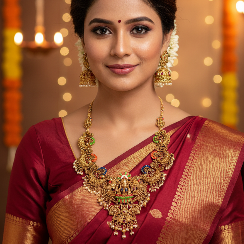 Traditional Temple Peacock Necklace Set with Jhumka Earrings