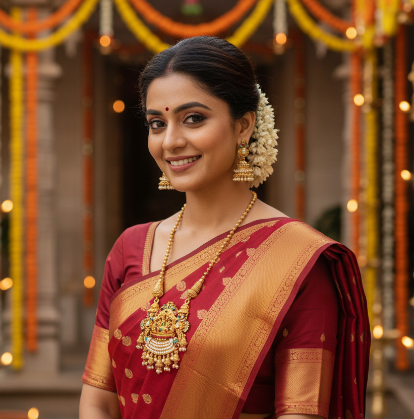 Royal Temple Lakshmi Pendant Necklace Set with Pearl Jhumkas