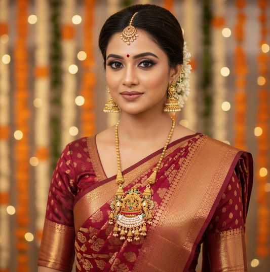 Royal Temple Lakshmi Pendant Necklace Set with Pearl Jhumkas