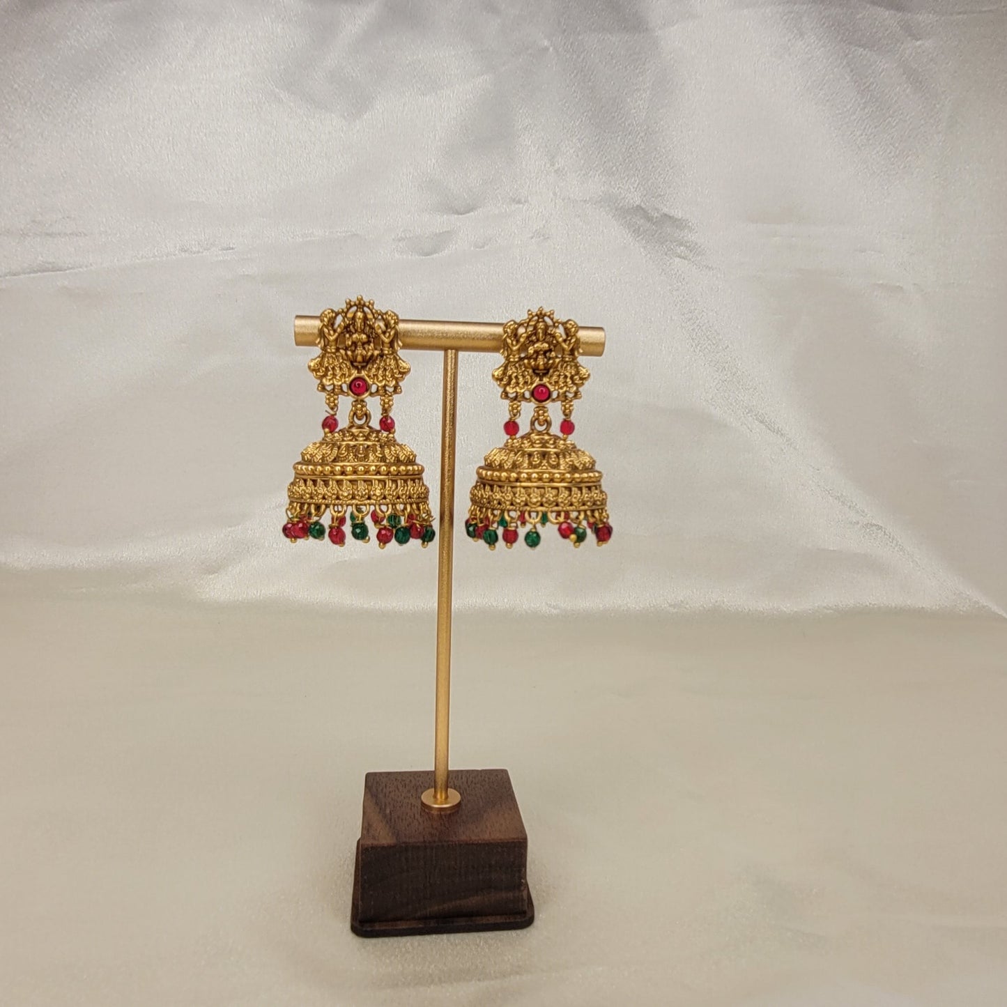 Temple-Inspired Antique Gold Jhumka Earrings with Ruby & Emerald Bead Drops