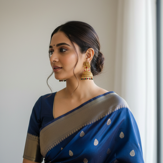 Temple-Inspired Antique Gold Jhumka Earrings with Ruby & Emerald Bead Drops