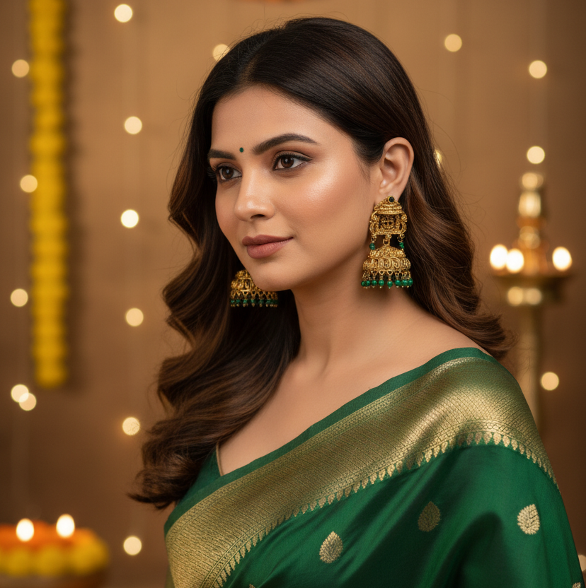 Emerald Antique Jhumka Earrings