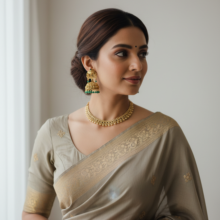 Antique Gold Temple Jhumka Earrings with Green Bead Drops
