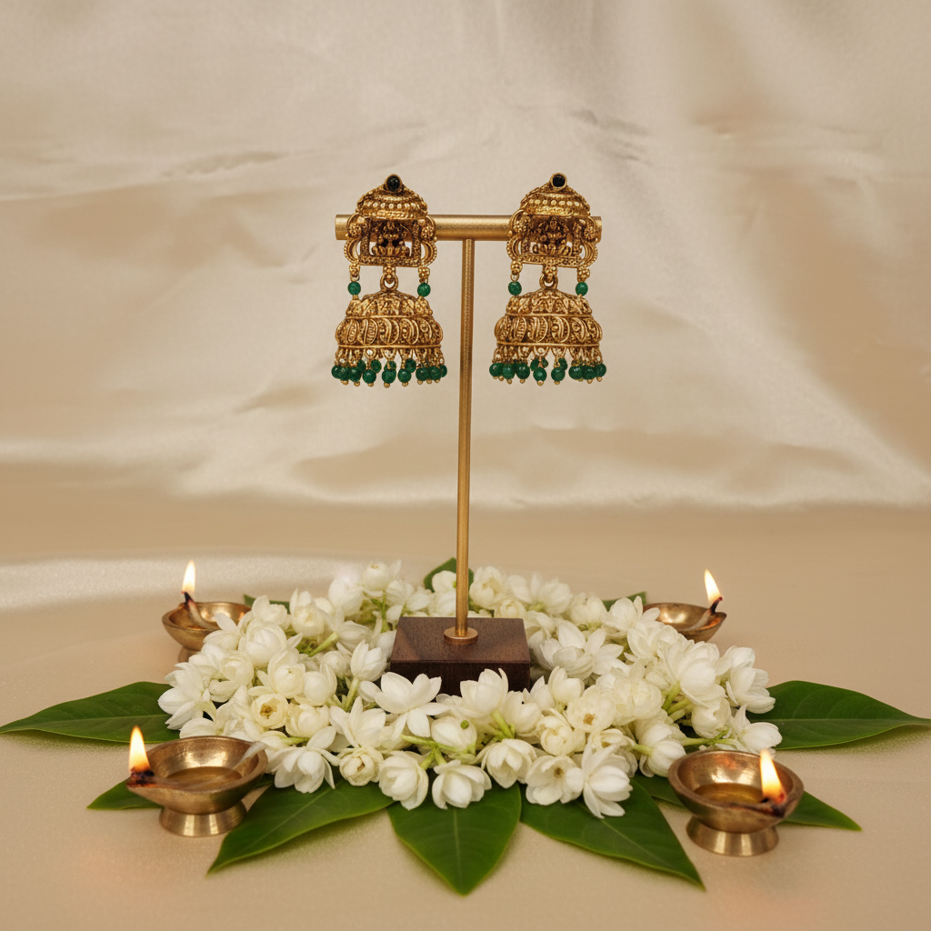 Antique Gold Temple Jhumka Earrings with Green Bead Drops