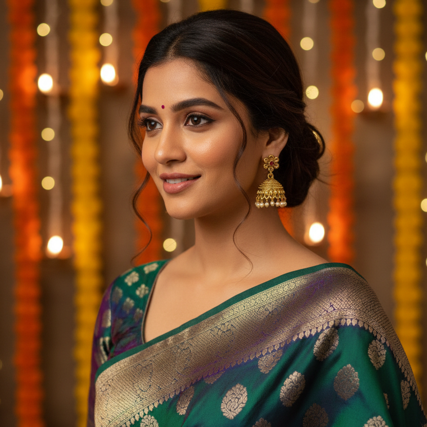 Antique Gold-Tone Floral Jhumka Earrings with Pearl Drops