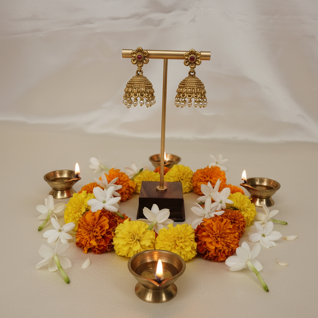 Antique Gold-Tone Floral Jhumka Earrings with Pearl Drops