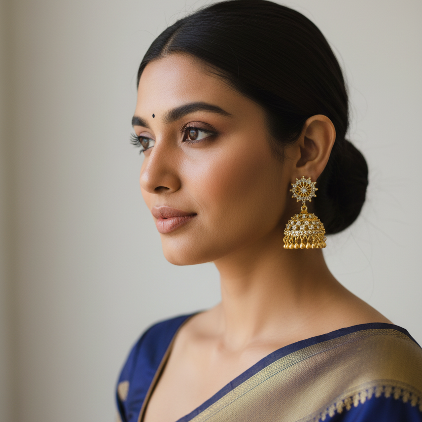 Gold-Plated CZ Floral Jhumka Earrings