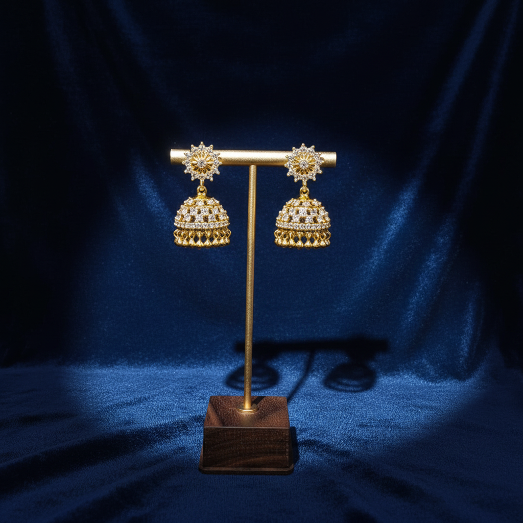 Gold-Plated CZ Floral Jhumka Earrings
