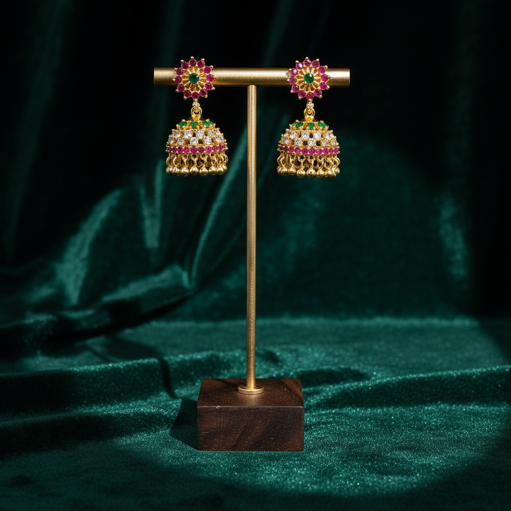 Premium Multicolor CZ Floral Jhumka Earrings