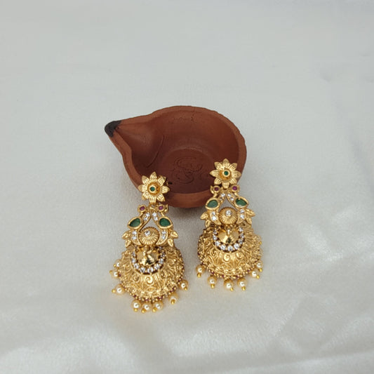 Antique Gold Peacock Temple Jhumka Earrings with Green Stones