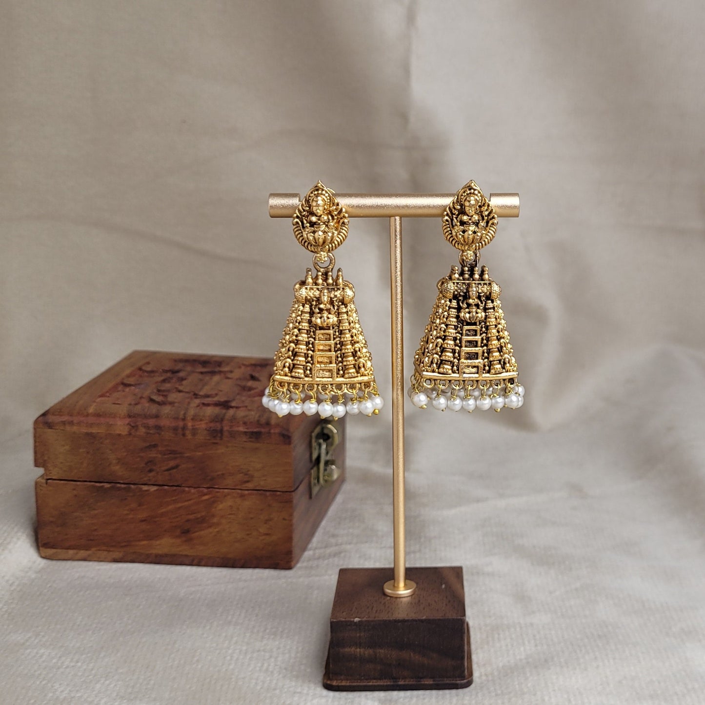 Gopuram Antique Gold Jhumka Earrings with Pearl Drops