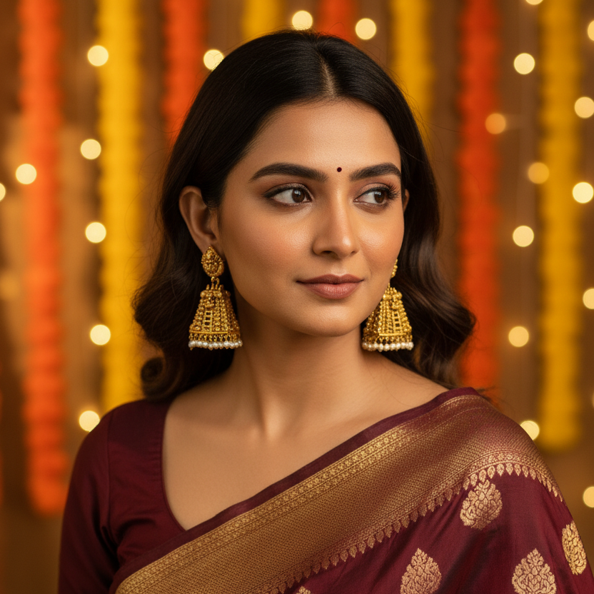 Gopuram Antique Gold Jhumka Earrings with Pearl Drops