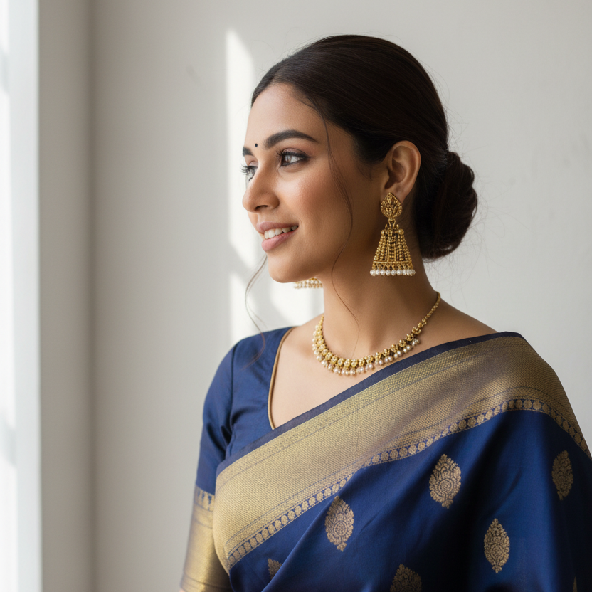 Gopuram Antique Gold Jhumka Earrings with Pearl Drops