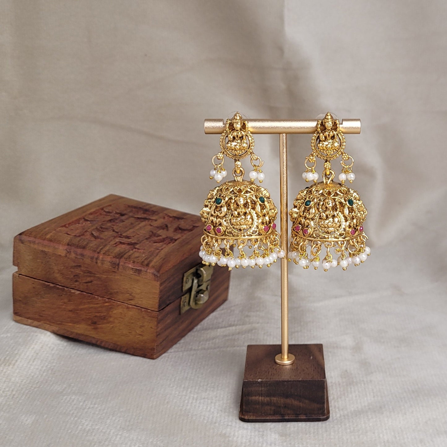 Goddess Lakshmi Temple Dome Jhumka Earrings with Pearl Drops