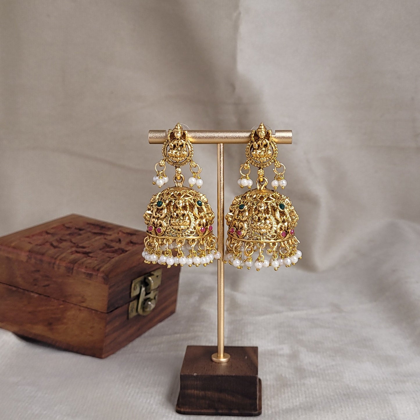Goddess Lakshmi Temple Dome Jhumka Earrings with Pearl Drops