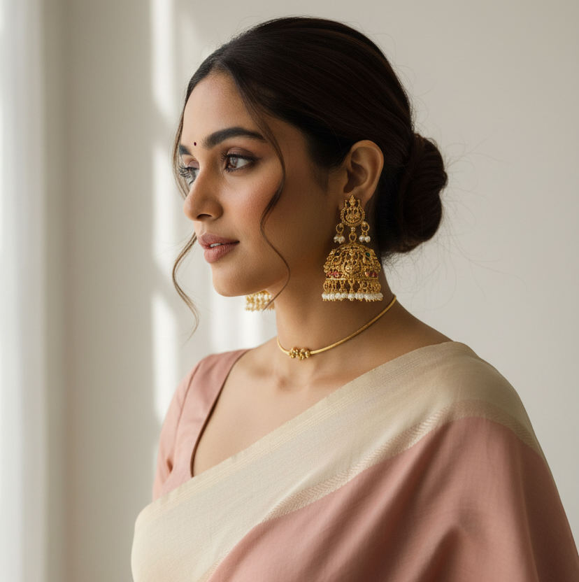 Goddess Lakshmi Temple Dome Jhumka Earrings with Pearl Drops