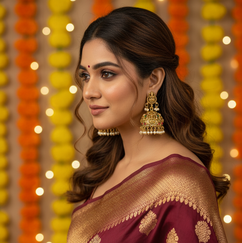 Goddess Lakshmi Temple Dome Jhumka Earrings with Pearl Drops