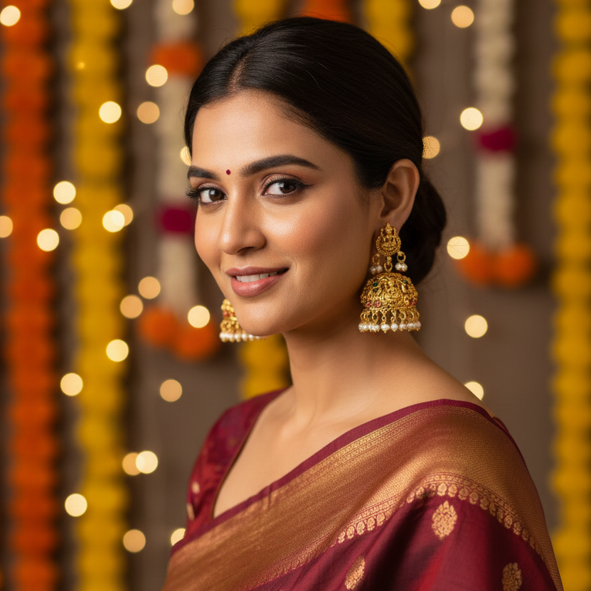 Goddess Lakshmi Temple Dome Jhumka Earrings with Pearl Drops