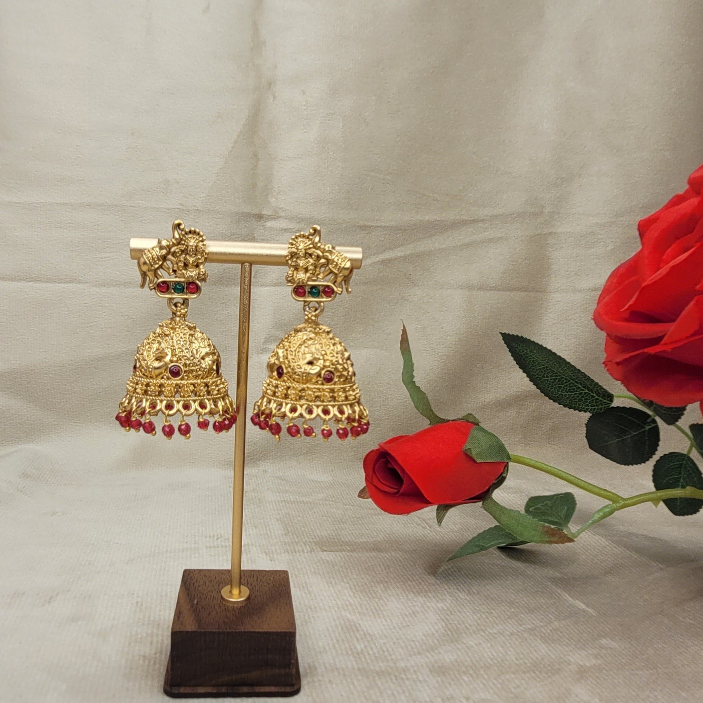Antique Gold Temple Jhumka Earrings with Red Bead Drops