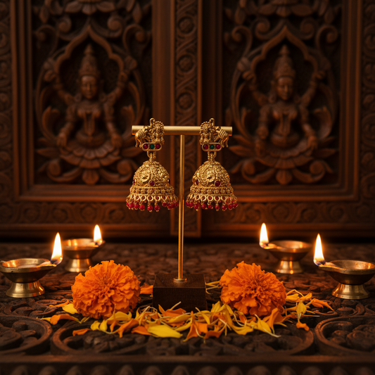 Antique Gold Temple Jhumka Earrings with Red Bead Drops