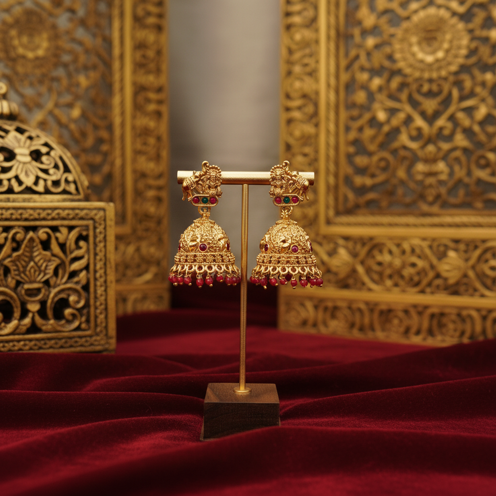 Antique Gold Temple Jhumka Earrings with Red Bead Drops