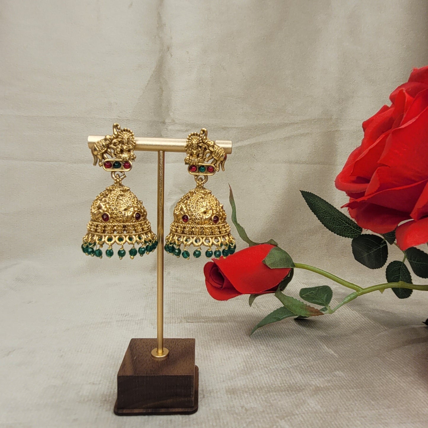 Antique Gold Temple Jhumka Earrings with Green Bead Drops