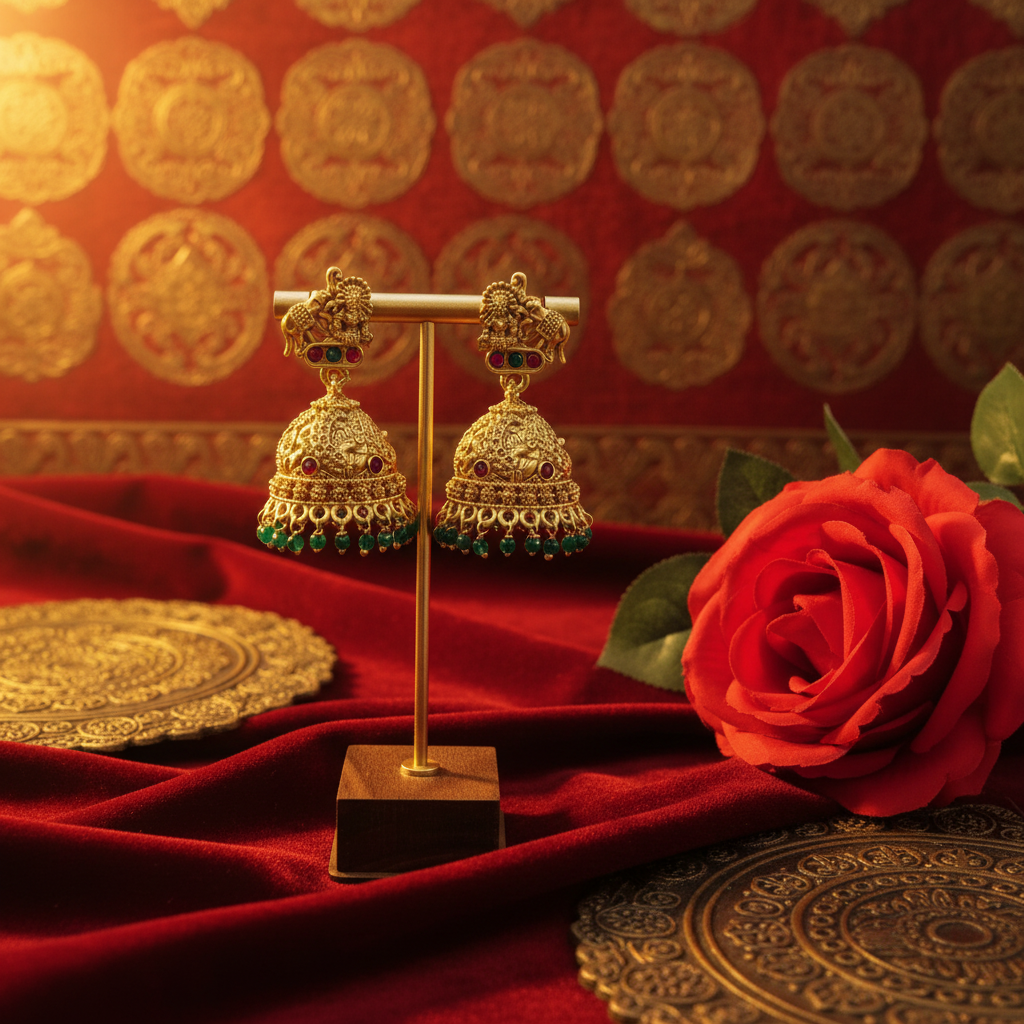 Antique Gold Temple Jhumka Earrings with Green Bead Drops
