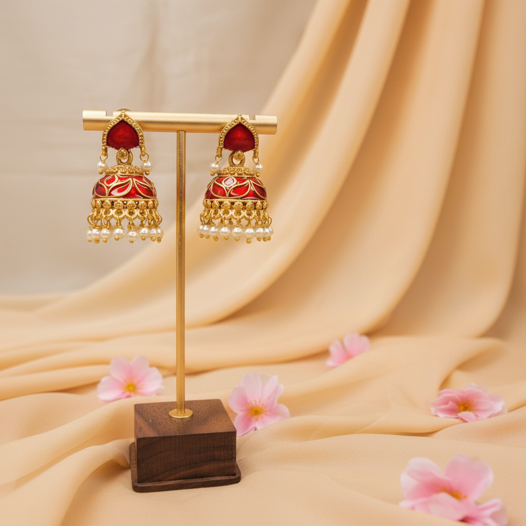 Red Enamel Jhumka Earrings with Pearl Danglers
