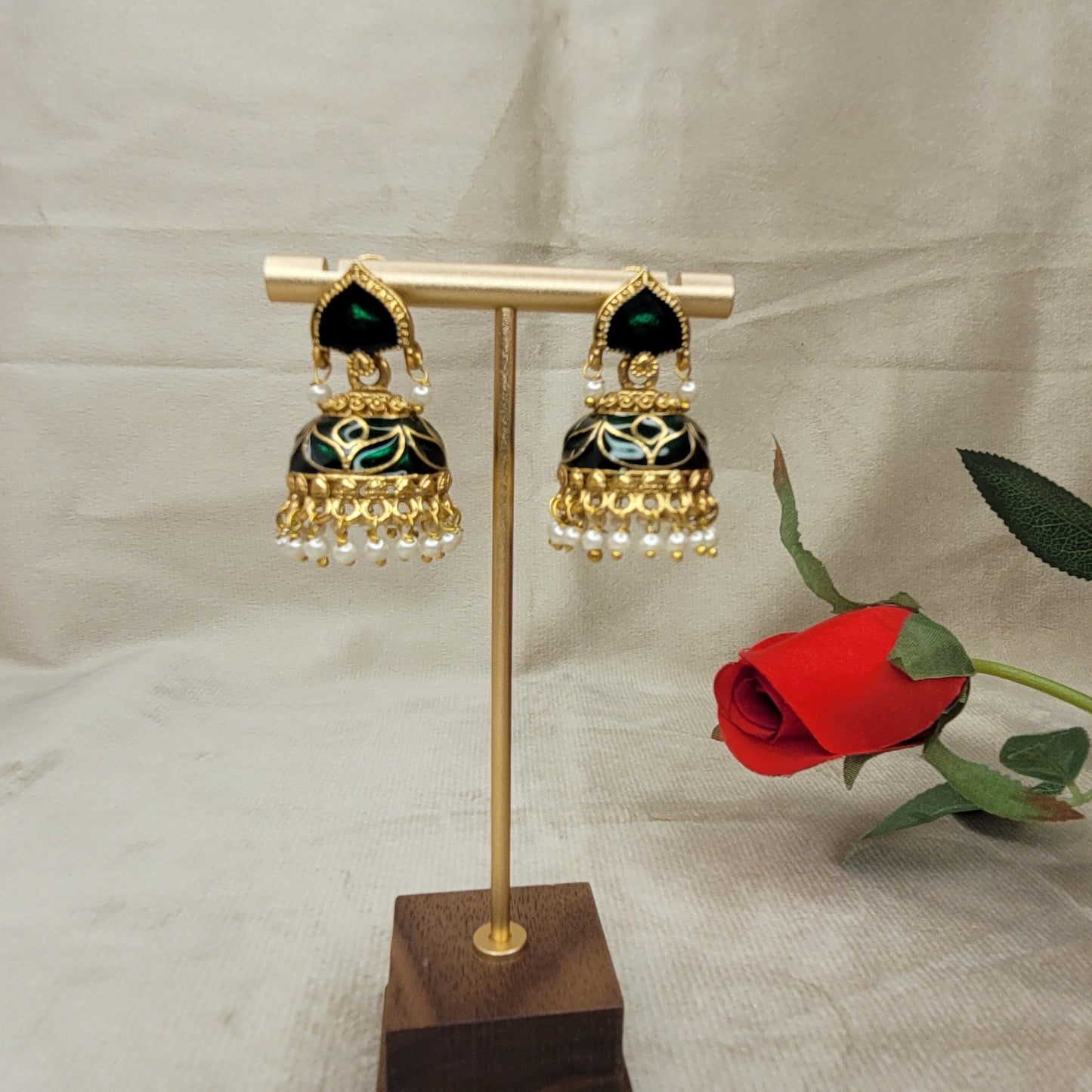 Green Enamel Jhumka Earrings with Pearl Danglers