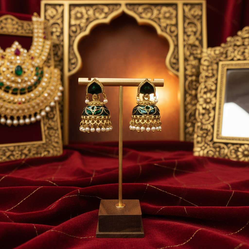 Green Enamel Jhumka Earrings with Pearl Danglers