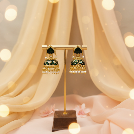Green Enamel Jhumka Earrings with Pearl Danglers