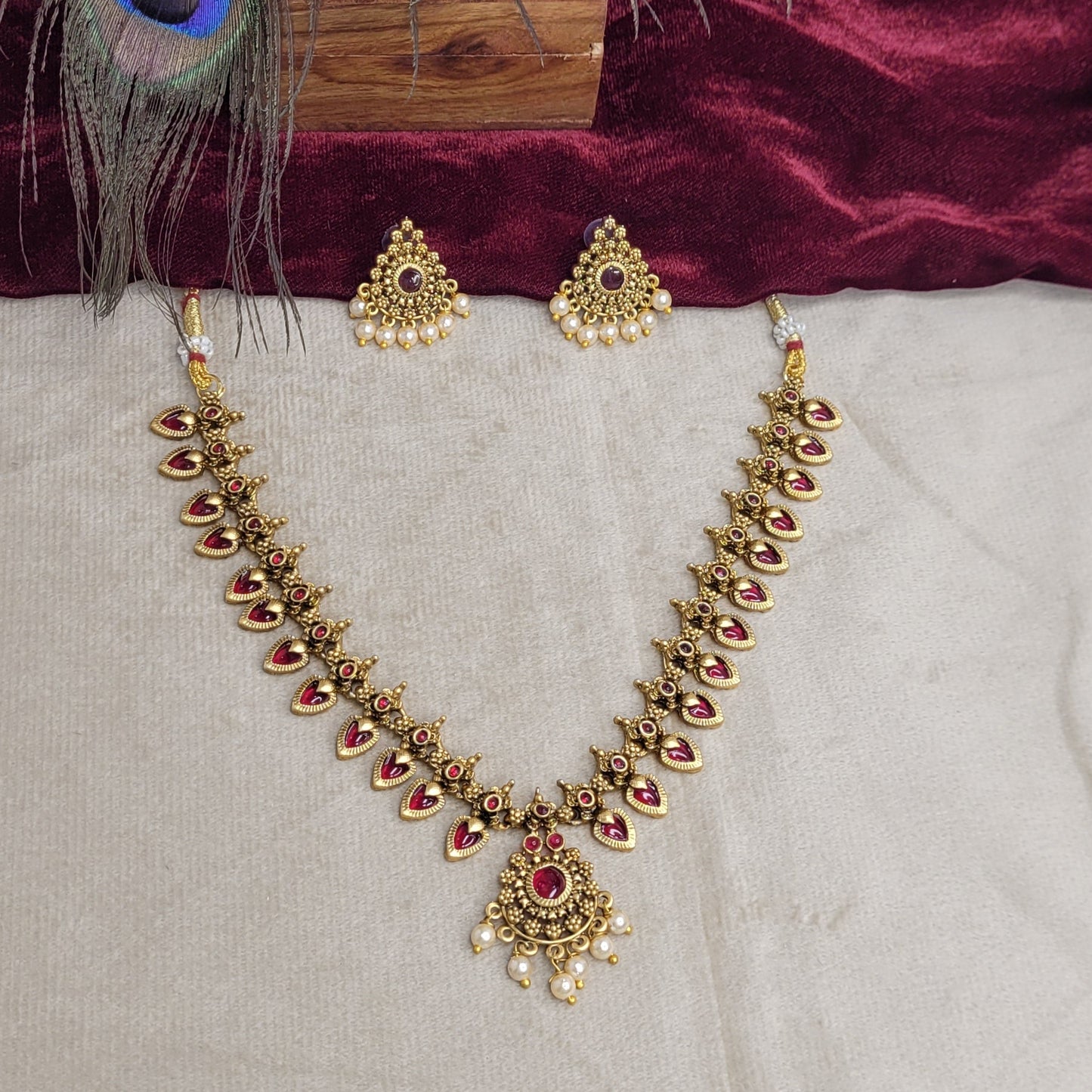 Ruby Teardrop Palakka Necklace Set