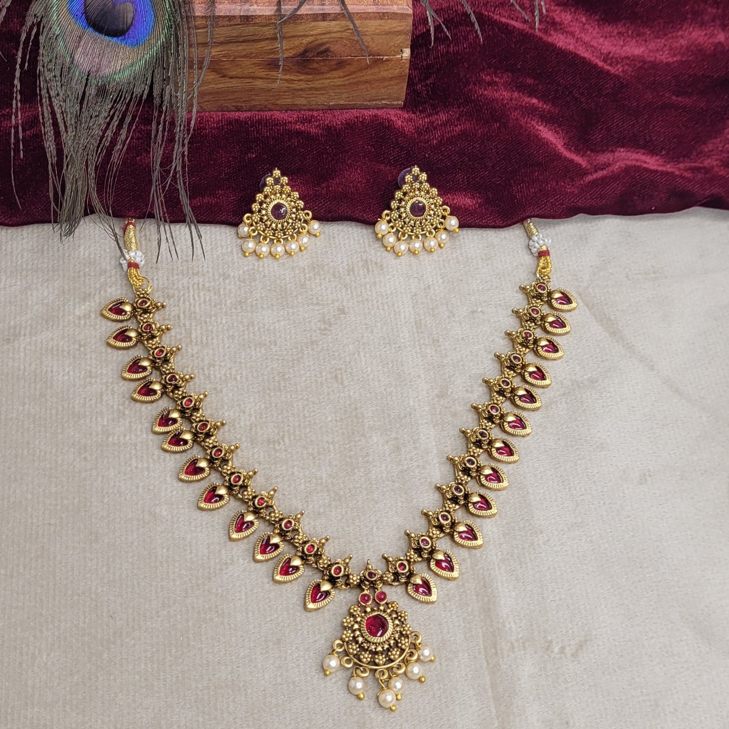 Ruby Teardrop Palakka Necklace Set