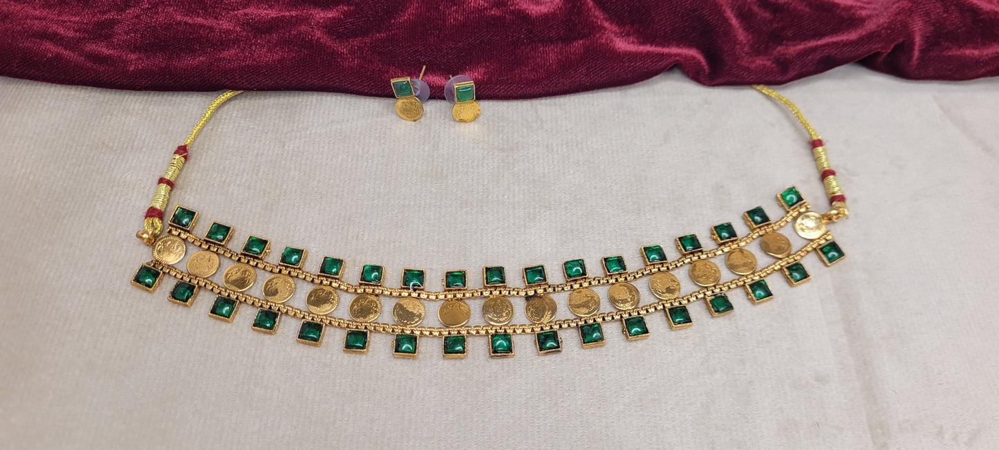 Emerald Coin Layered Choker Necklace Set