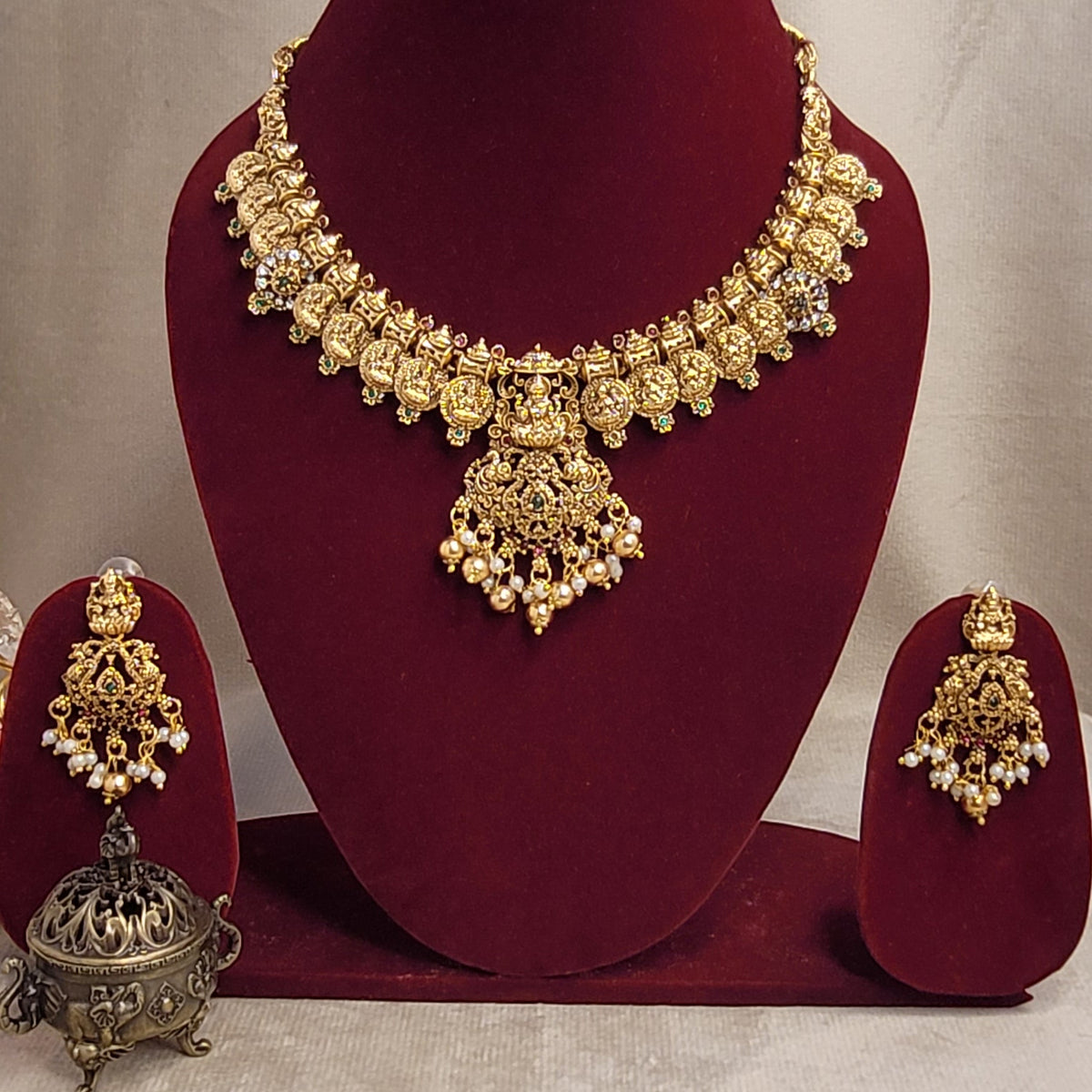 Traditional Gold-Plated Temple Necklace Set with Coin Motifs and Pearl Drops
