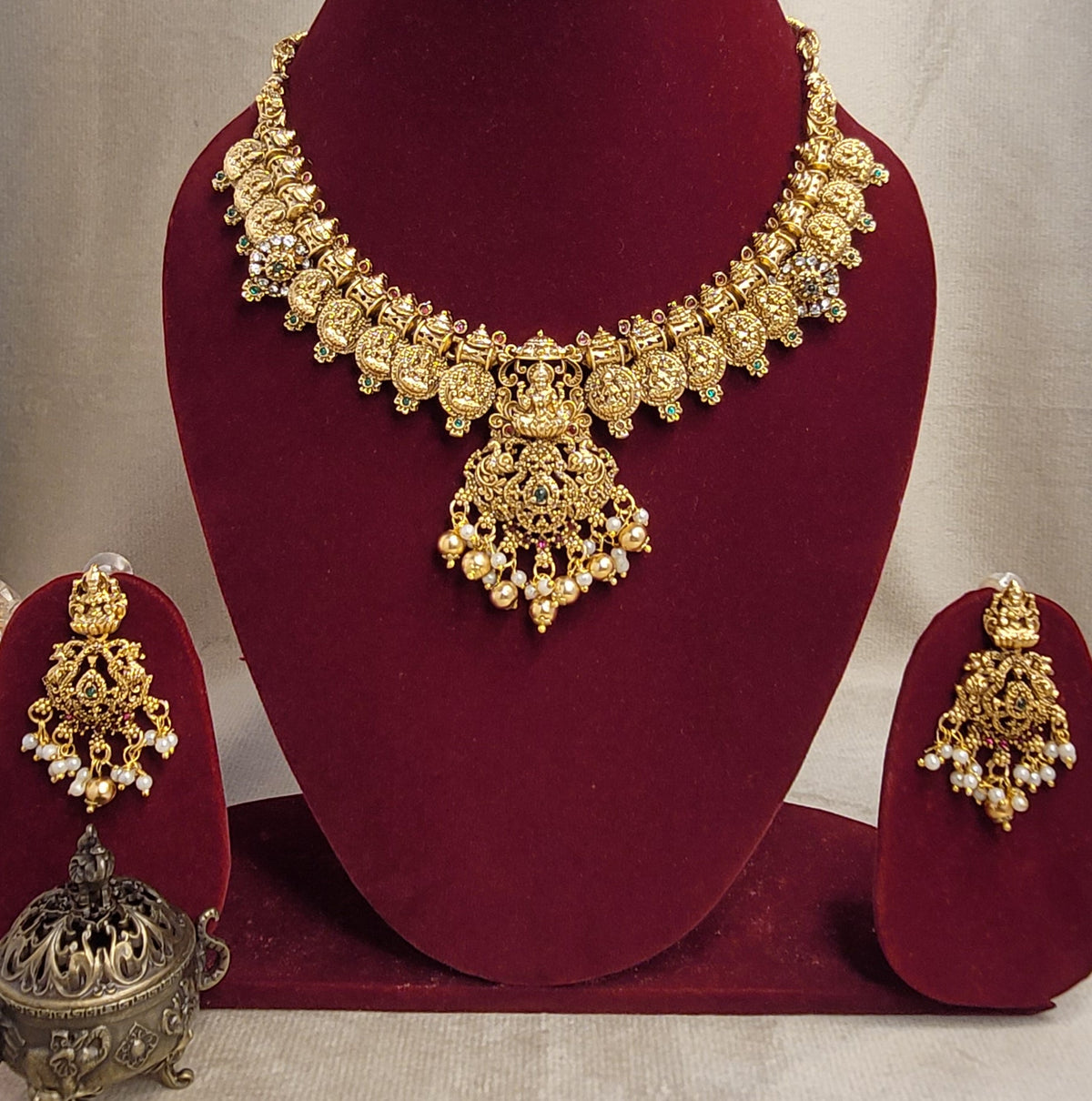 Traditional Gold-Plated Temple Necklace Set with Coin Motifs and Pearl Drops