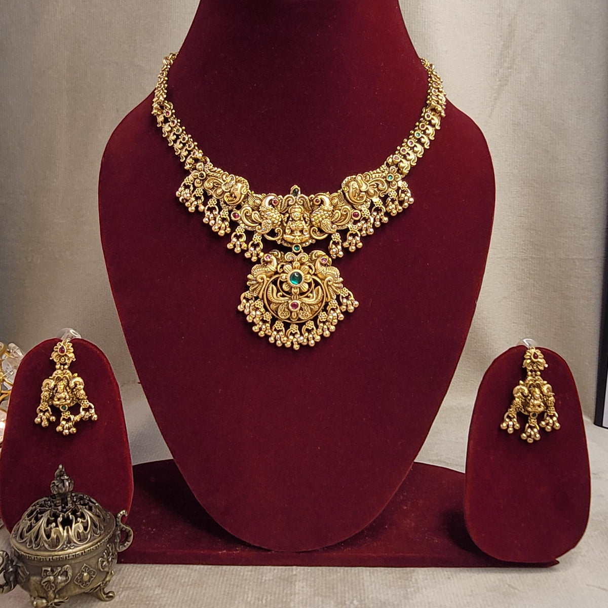 Traditional Gold-Plated Temple Necklace Set with Intricate Lakshmi Pendant