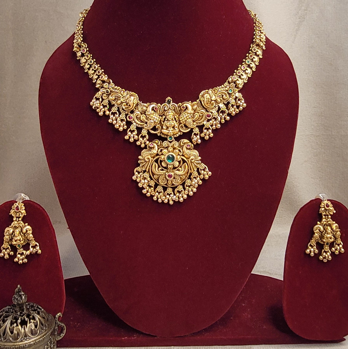 Traditional Gold-Plated Temple Necklace Set with Intricate Lakshmi Pendant